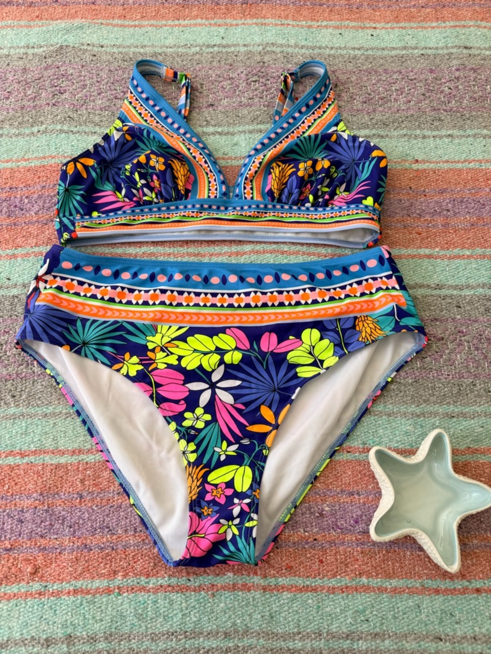 Colorful Floral Bikini Set High Waisted Mixed Size Top 2XL Bottom 3XL